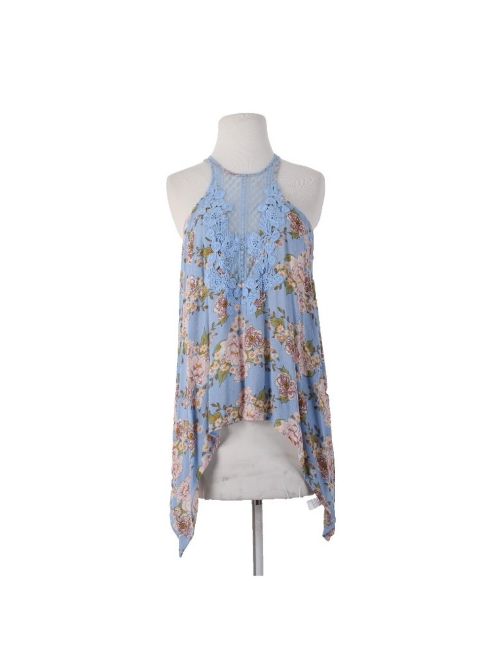 Shyanne Top Sz XS Blue Pink Floral Lace Detail Open Back Asymm 100% Rayon Top